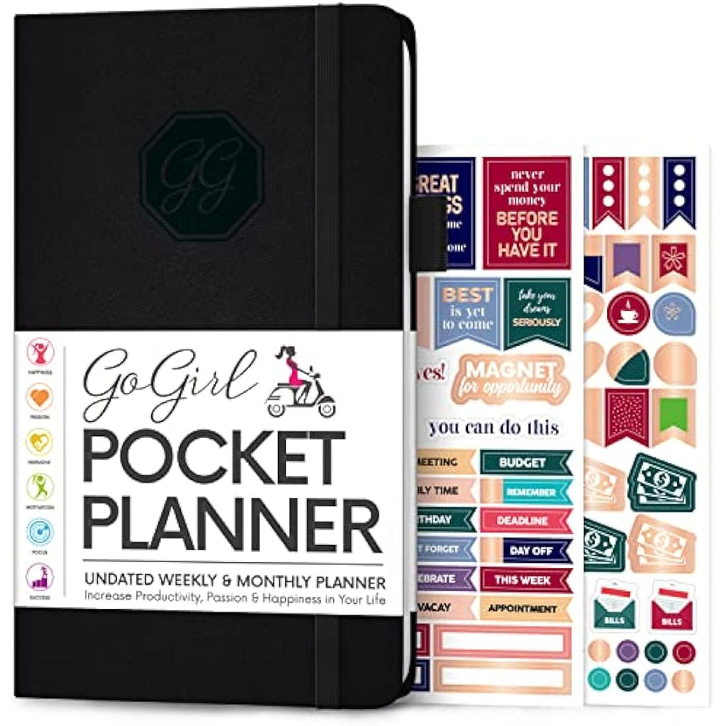 GoGirl Undated Pocket Weekly Planner – Eco-Leather Goal Organizer, Black