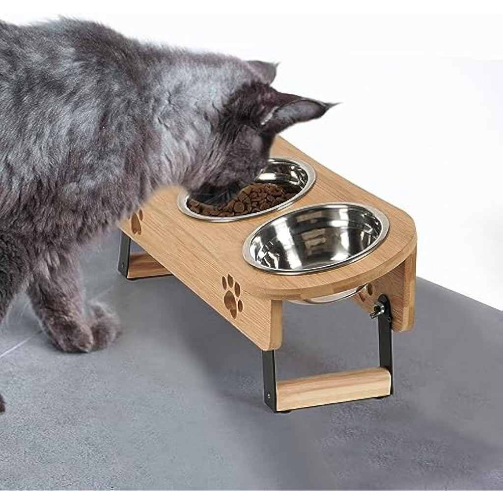 Raised Cat Feeding Station | 3 Stainless Steel Bamboo Bowls