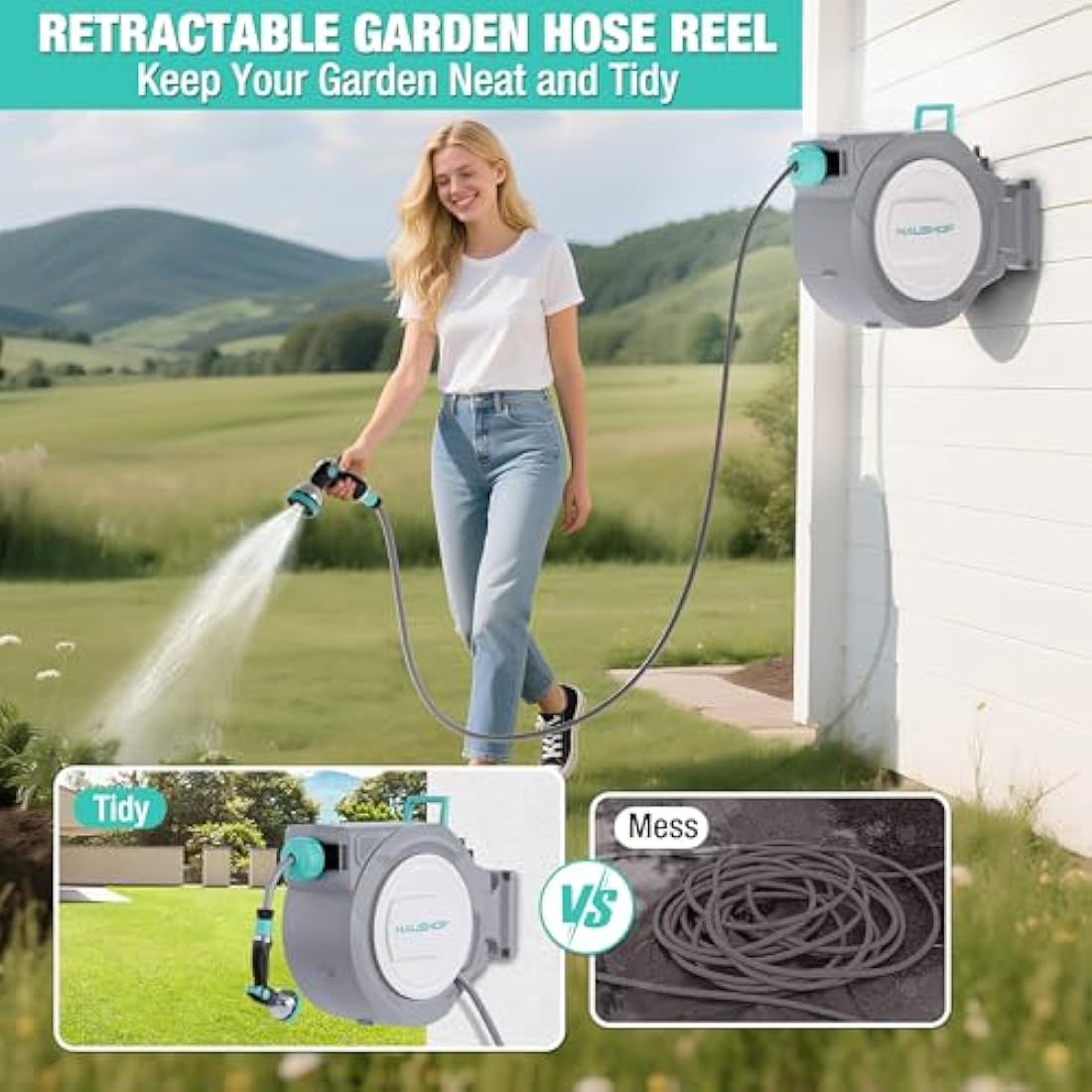 HAUSHOF 30m Wall Mounted Retractable Garden Hose Reel with 10-in-1 Spray Gun
