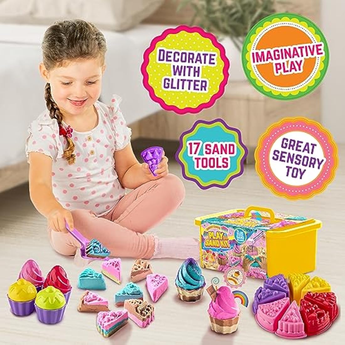 GirlZone Sweet Cakes Play Sand Kit | 2lbs Mouldable Sand & 17 Tools