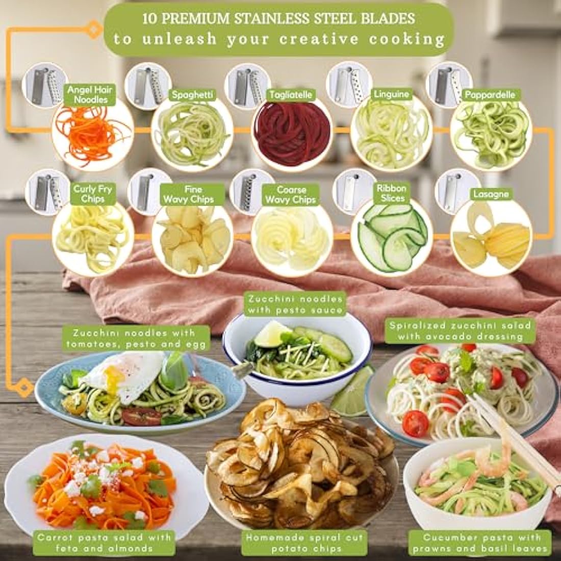 Brieftons 10-Blade Vegetable Spiralizer | Stainless Steel Zoodle Maker