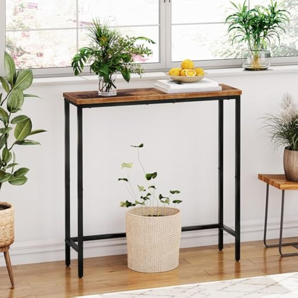 HOOBRO Slim Console Table – Rustic Brown Industrial Metal Sofa Table