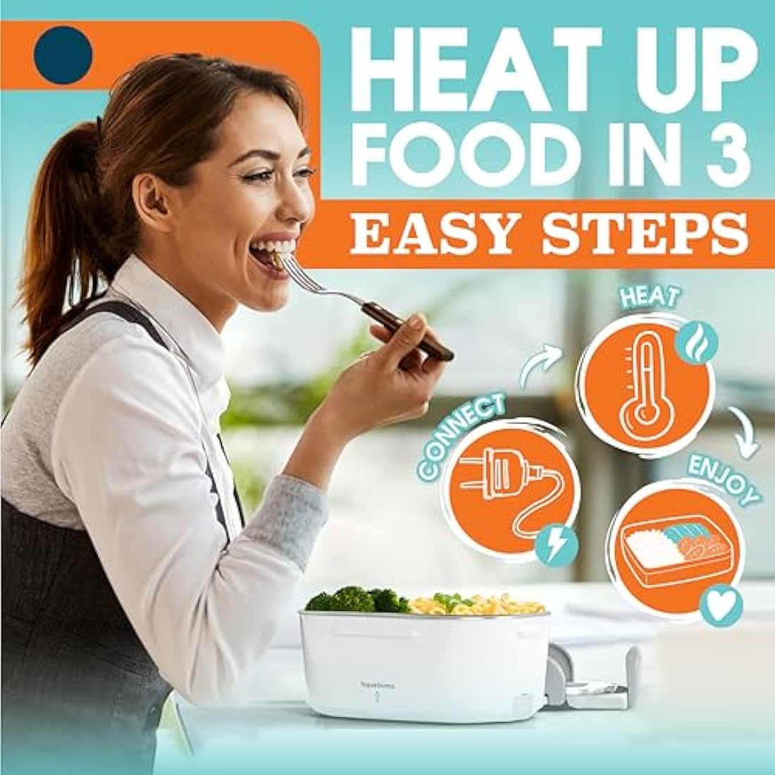 TRAVELISIMO 80W Electric Heated Lunch Box - 1.5L Stainless Steel Food Warmer