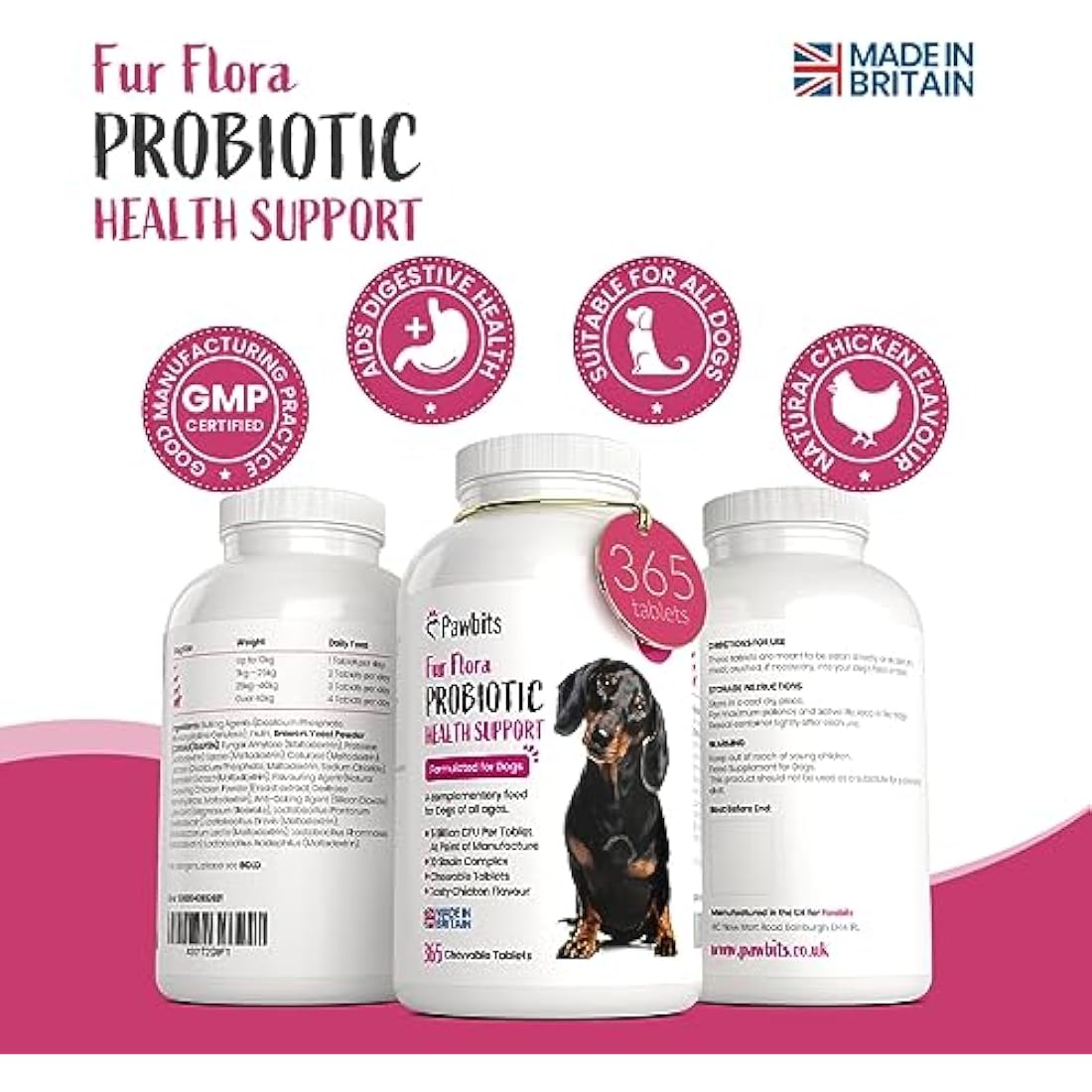 Pawbits Dog Probiotics & Prebiotics – 365 Chicken Chewable Tablets