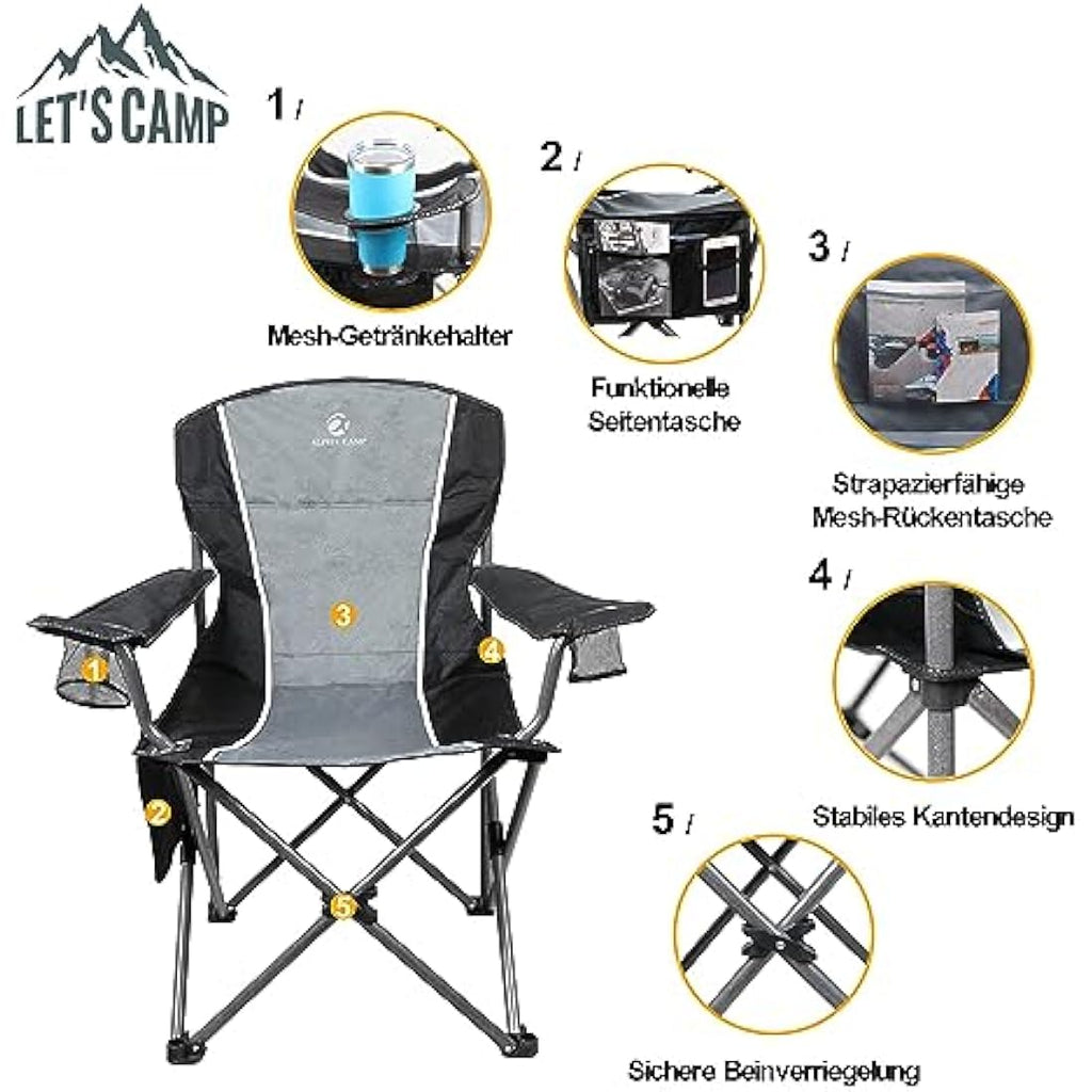 LET'S CAMP Heavy Duty Folding Camping Chair | XL 160kg Capacity