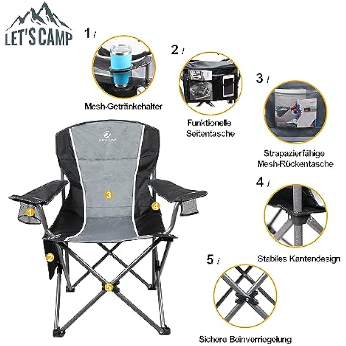 LET'S CAMP Heavy Duty Folding Camping Chair | XL 160kg Capacity