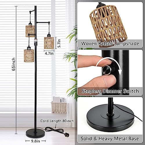 Rayofly Rattan Floor Lamp | Dimmable 3-Light Boho Standing Lamp for Living Room