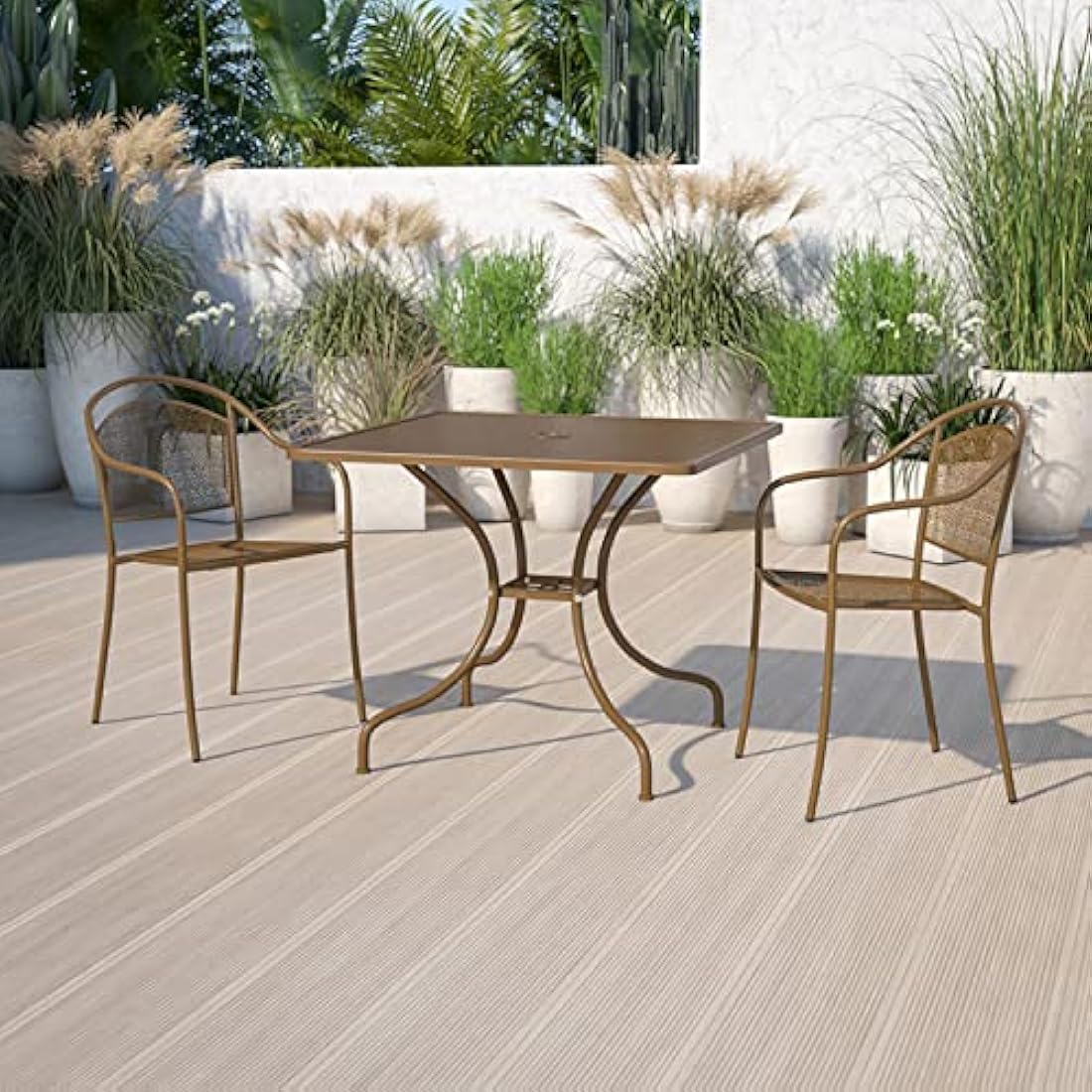 Flash Furniture Oia 35.5" Square Gold Steel Patio Table with Umbrella Hole
