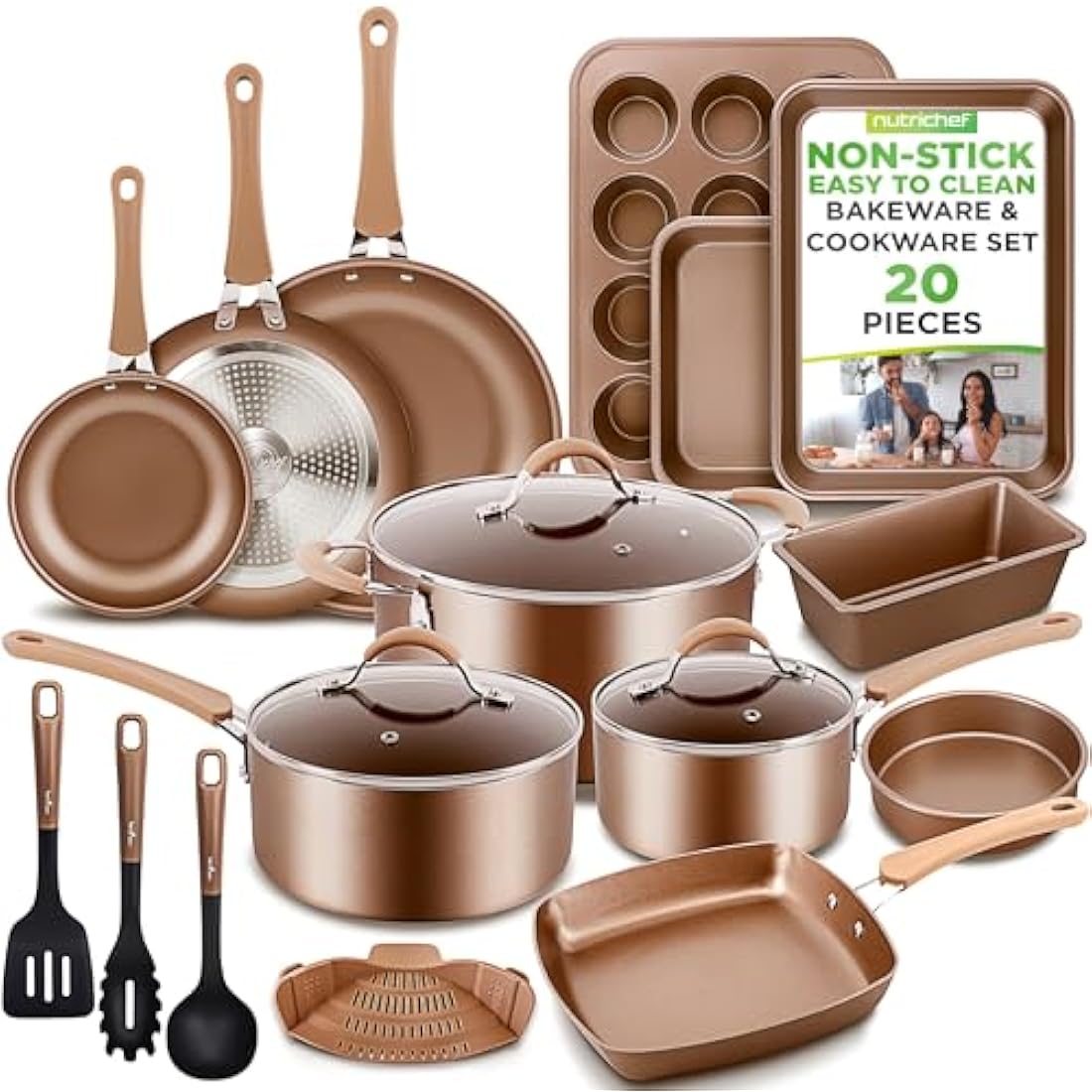 NutriChef 20-Piece Non-Stick Cookware and Bakeware Set - Gold Induction
