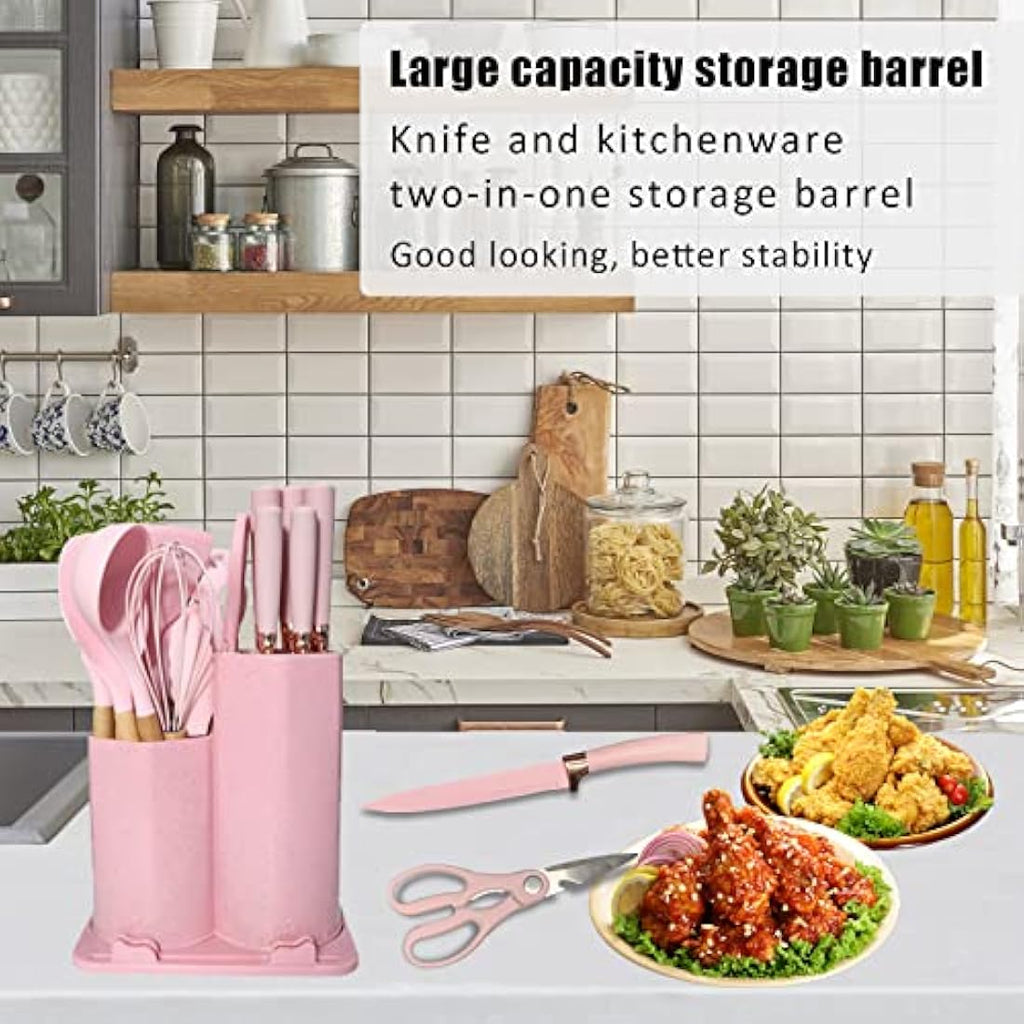 DLD 29-Piece Silicone Kitchenware Set with Knives and Wooden Handles
