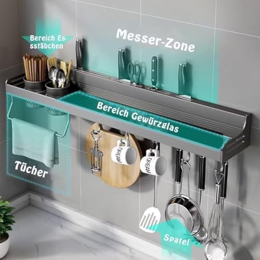 ZOKT Spice Rack – 60cm Wall Mounted Aluminum Kitchen Storage, Grey