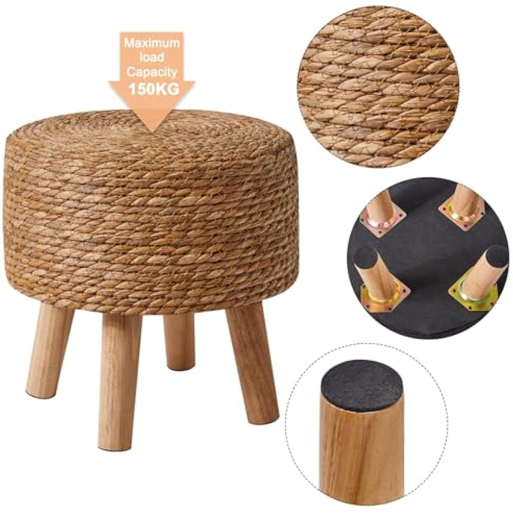 YMYNY Natural Seagrass Footstool – Hand-Woven Pastoral Ottoman with Pine Legs