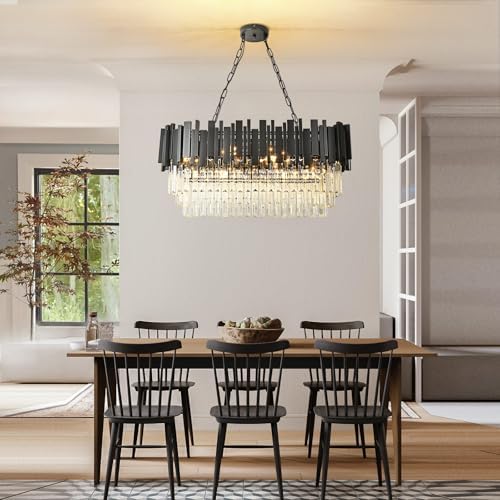 Modern Oval Crystal Chandelier – Black Pendant Light