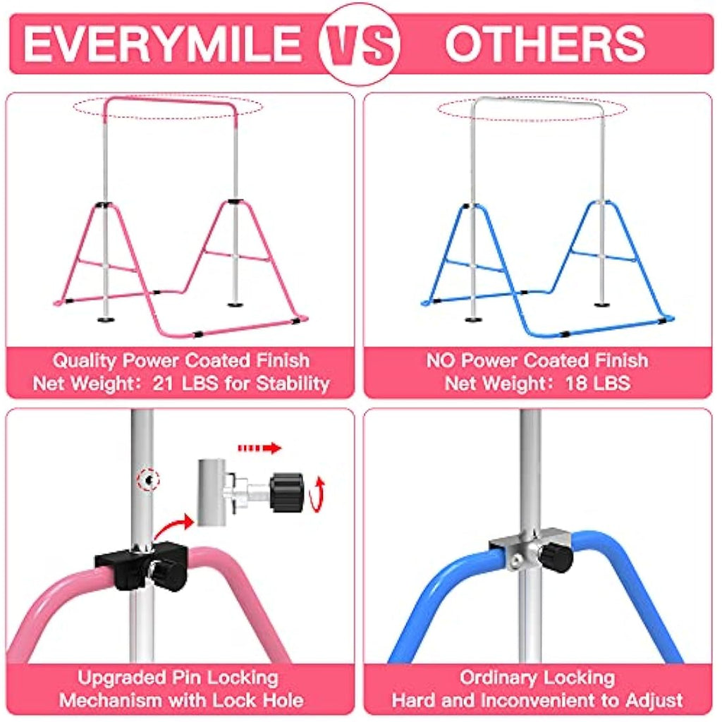 EVERYMILE Gymnastics Bar – Adjustable Folding Kip Bar with Rings for Kids