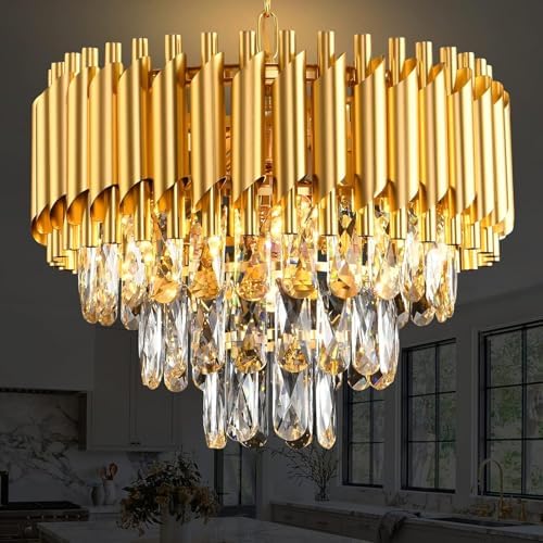 Modern Gold K9 Crystal Chandelier – 3-Tier Round Light Fixture
