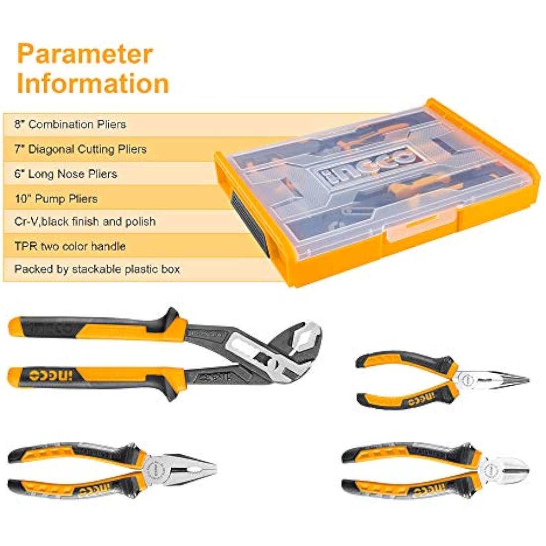 INGCO 4Pcs Pliers Set - CRV Steel Combination, Cutting & Pump Pliers