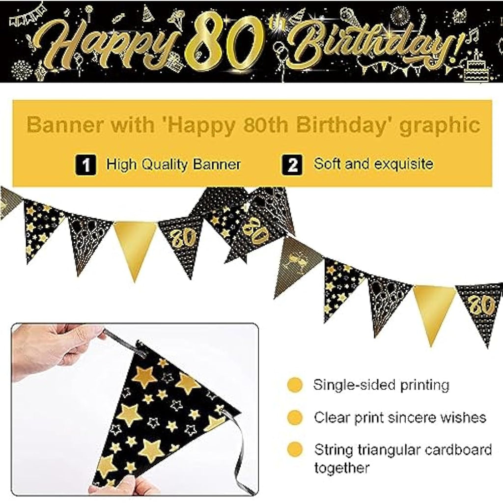 80th Birthday Decorations Kit - 14pc Gold & Black Party Set