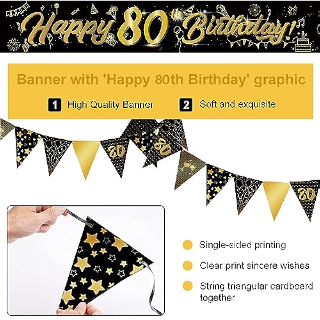 80th Birthday Decorations Kit - 14pc Gold & Black Party Set
