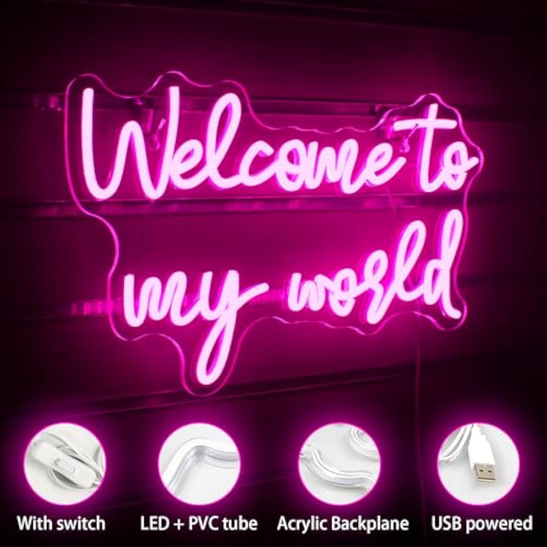 LUCUNSTAR Welcome To My World Neon Sign – Pink LED Wall Decor for Bedroom