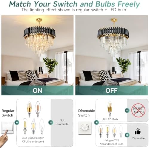 AOOCHOK Modern Crystal Chandelier – Black and Gold Round Pendant Light