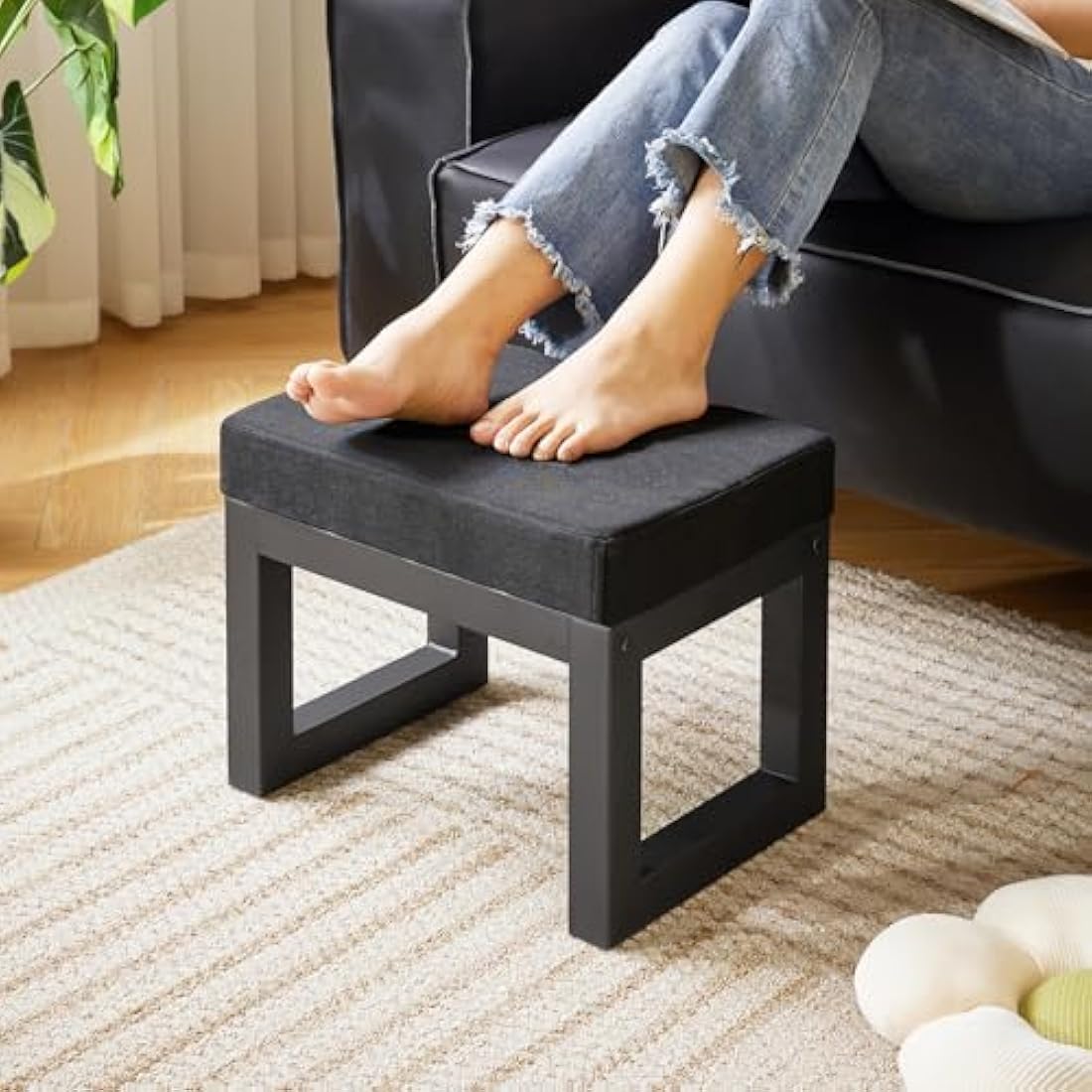 IBUYKE Small Foot Stool – Padded Upholstered Ottoman Shoe Bench, Black