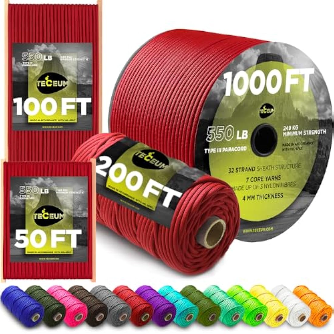 TECEUM 550lb Paracord – 4mm Nylon Tactical Rope for Camping & Survival