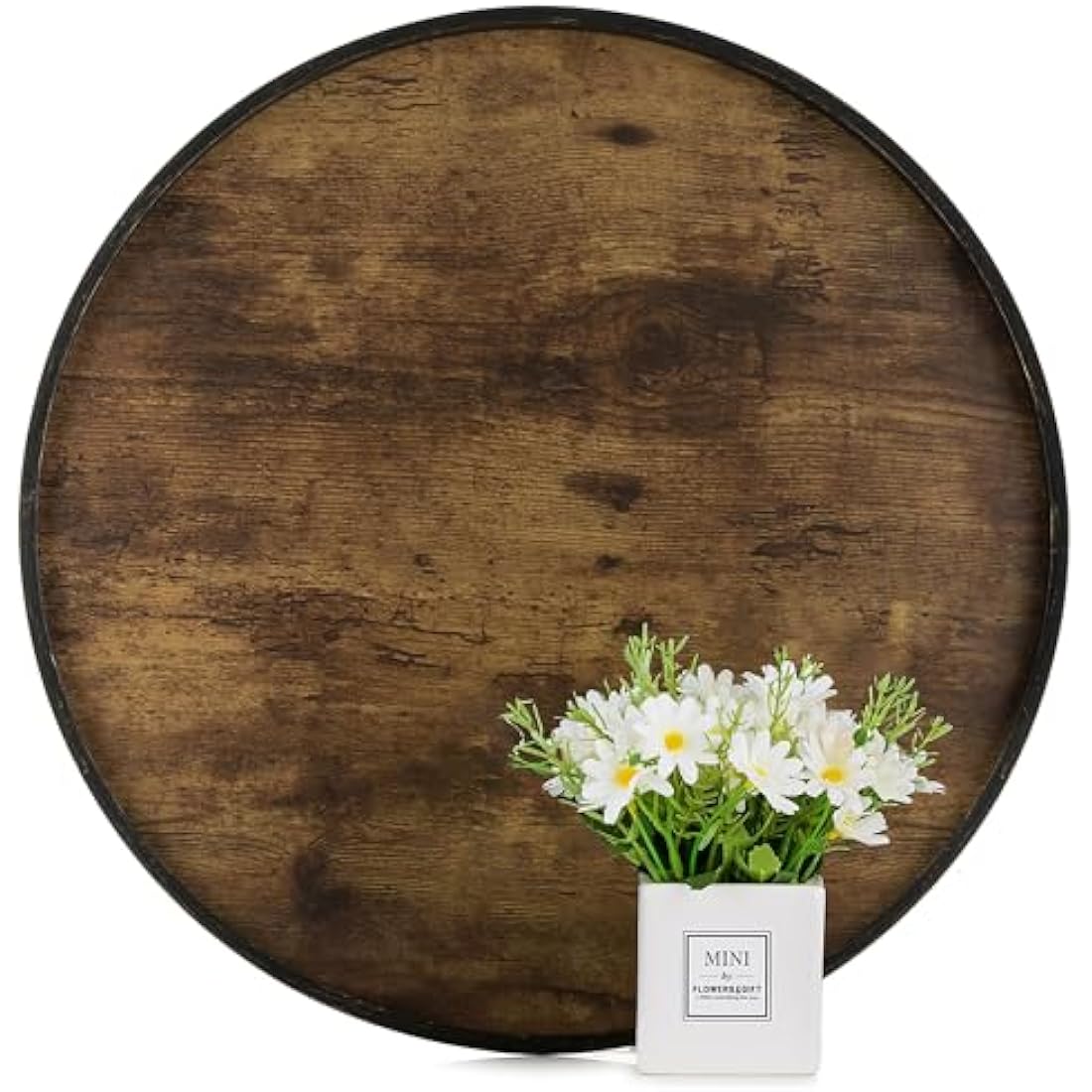 Hanobe 45cm Round Wooden Serving Tray – Rustic Ottoman Coffee Table Decor