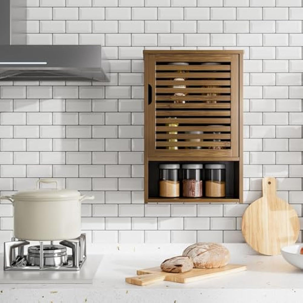 HITNET Bamboo Medicine Cabinet – Wall Mounted Bathroom Storage, Walnut