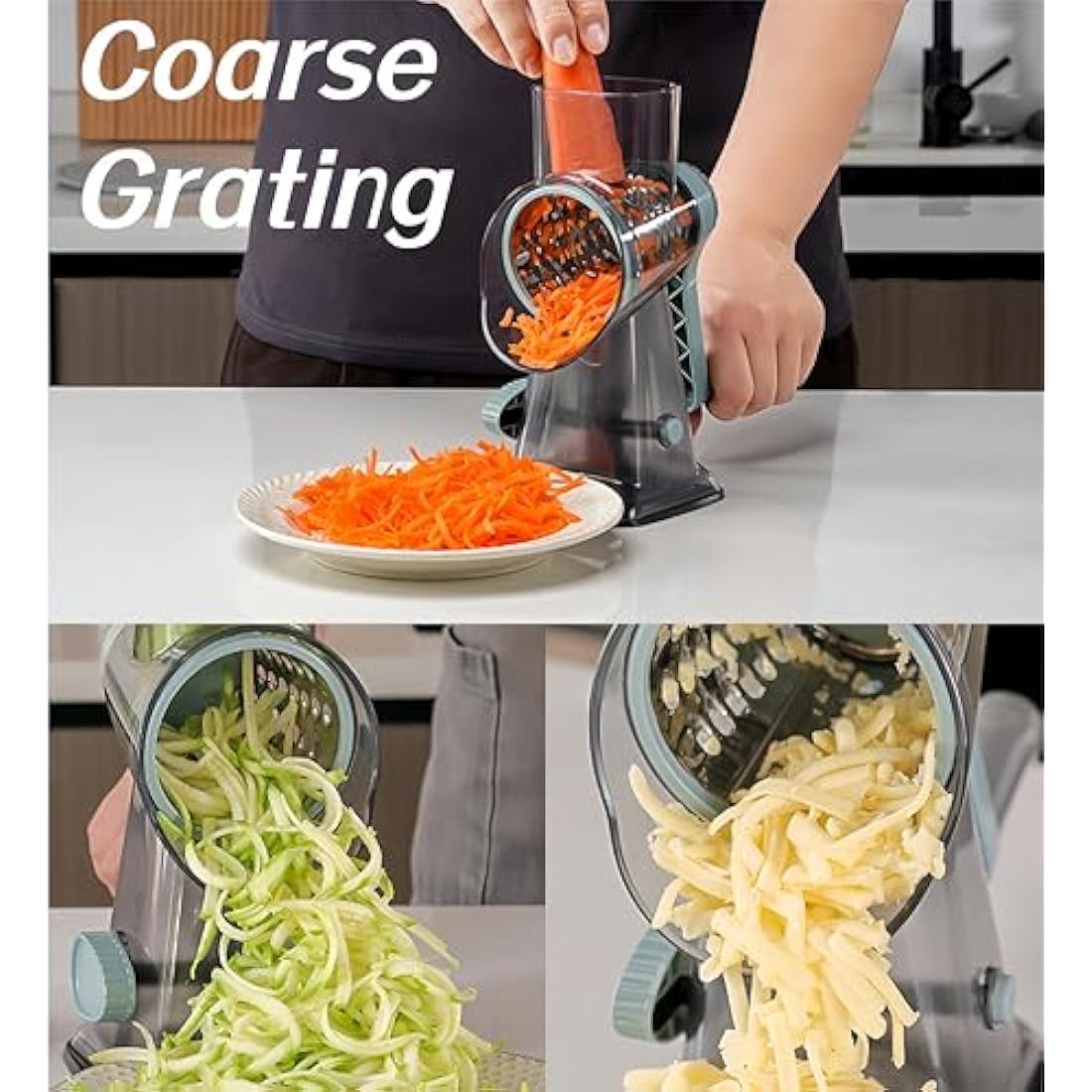 LacusMare Rotary Cheese Grater | 3-Blade Vegetable Slicer & Shredder, Gray