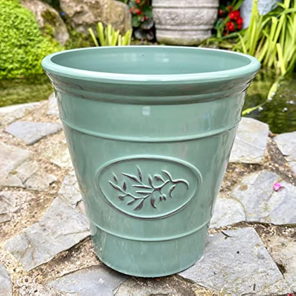 Jolof Store Round Plastic Flower Pot – Glossy Ceramic Effect Planter, Green