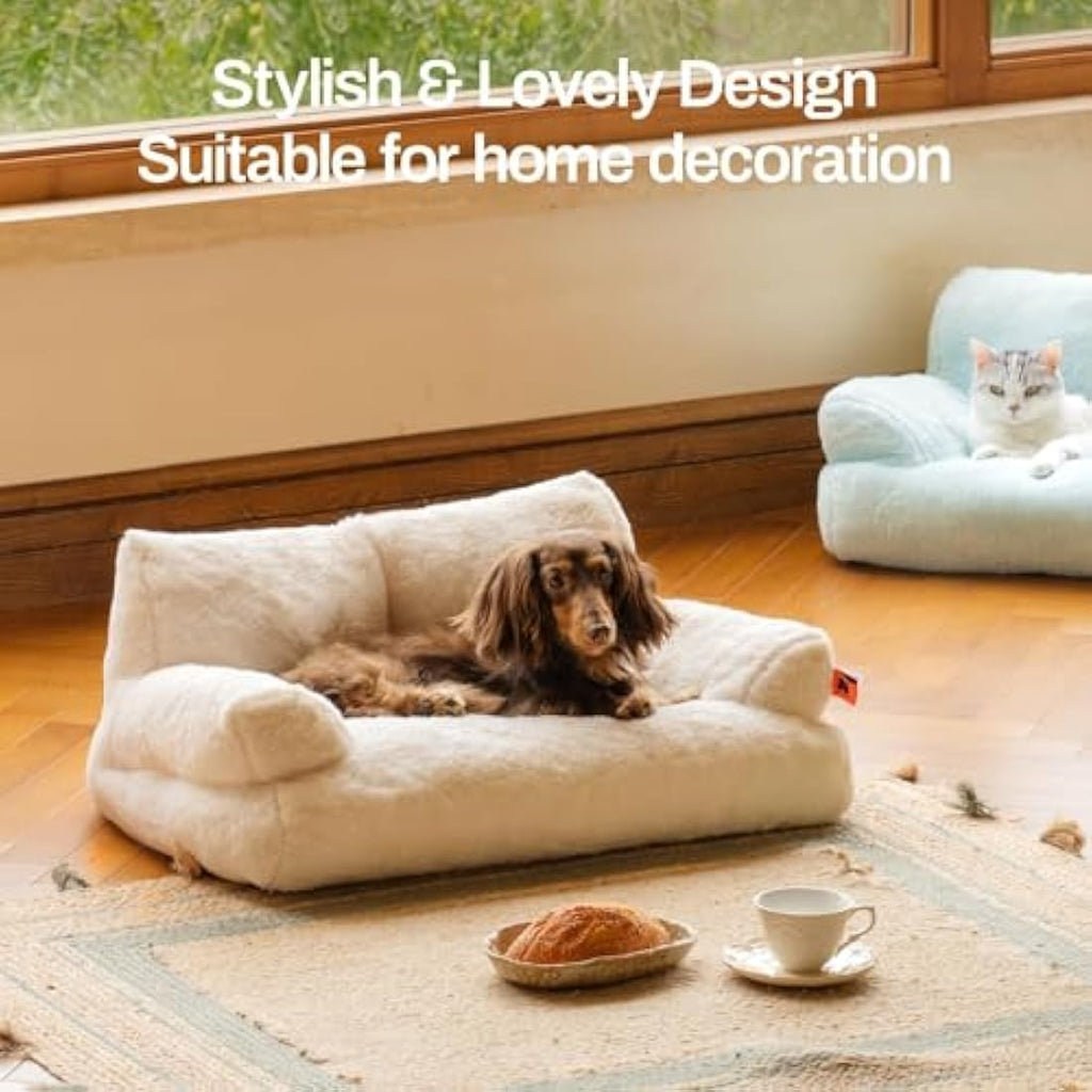 MEWOOFUN Fluffy Cat Sofa Bed | Washable Soft Pet Couch, White