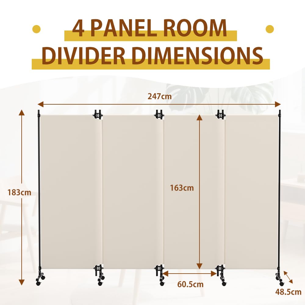 HIDODO 4 Panel Upgraded Room Divider with Wheels, 247cm W x 183cm H, Beige - image 2