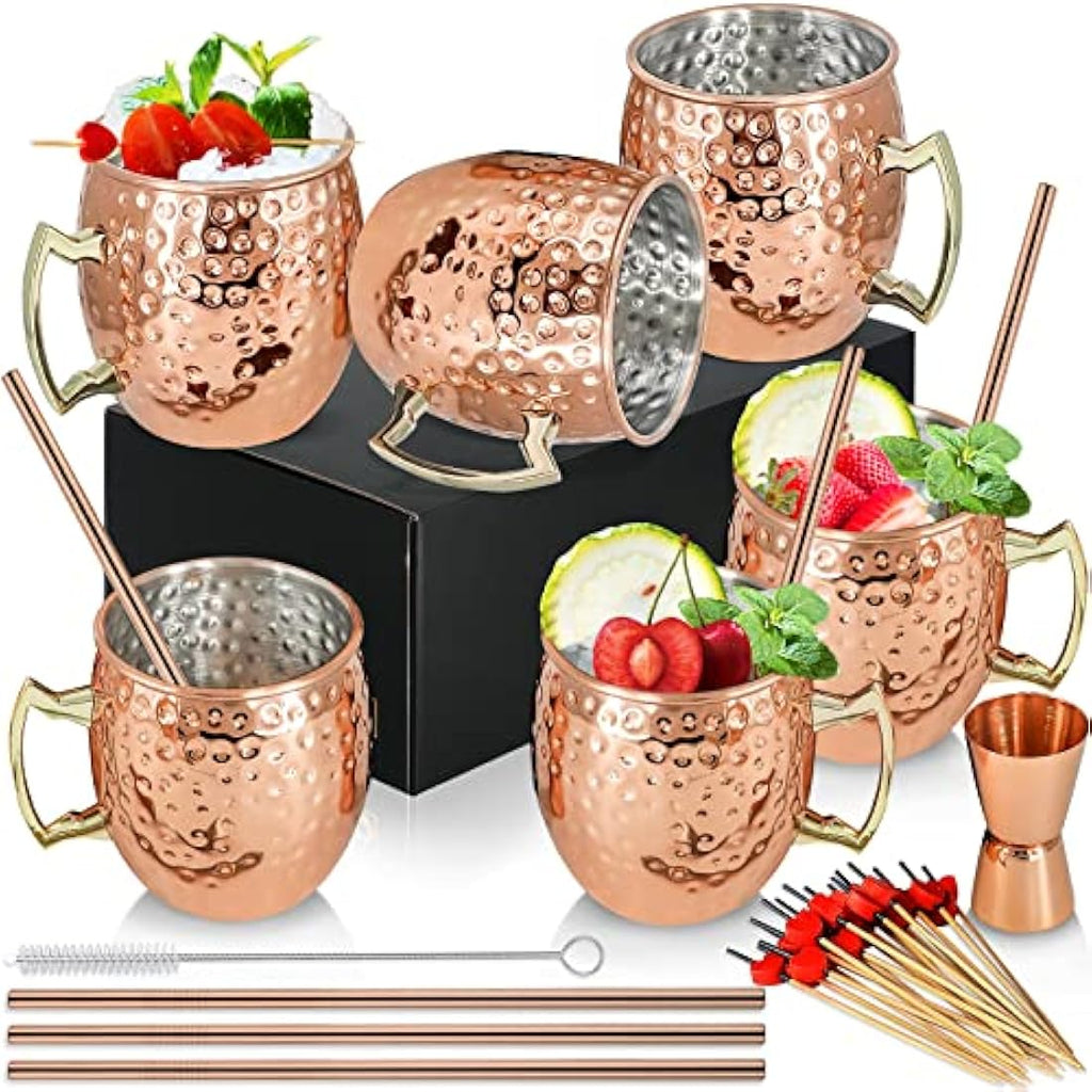 Moscow Mule Copper Mugs - Set of 6 Hammered 18oz Cups