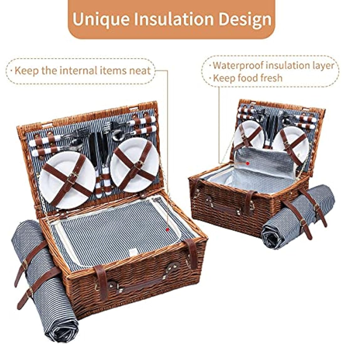 Jolof Store Wicker Picnic Basket for 4 with Insulated Cooler & Blanket