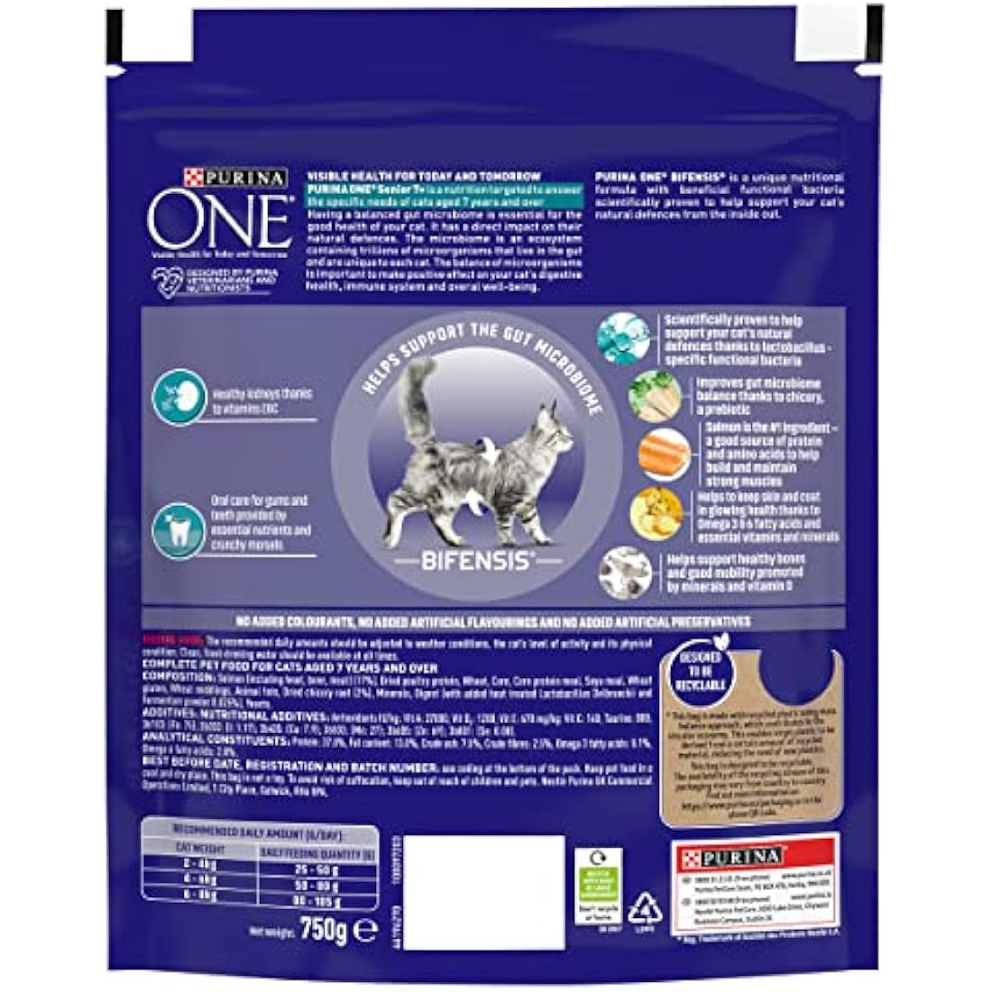 Purina One Senior 7+ Salmon Dry Cat Food - 750g Kibble (Pack of 4)