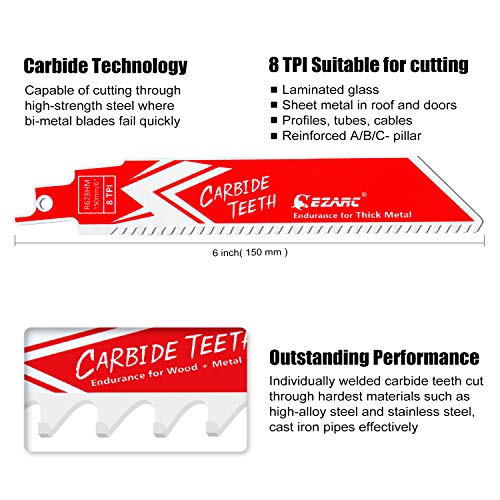 EZARC Carbide Reciprocating Saw Blades for Thick Metal | 150mm 8TPI 3-Pack