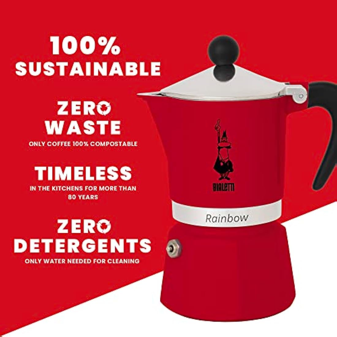 Bialetti Rainbow Moka Pot - Caffettiera in Alluminio, Rossa, 3 Tazze
