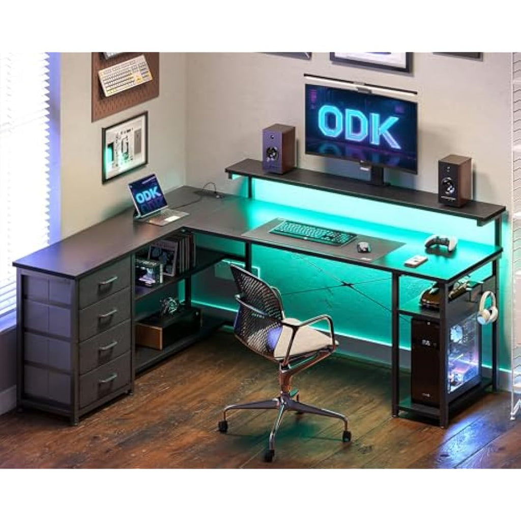 ODK L-Shaped Gaming Desk with LED Lights, Power Outlets & Drawers - Black