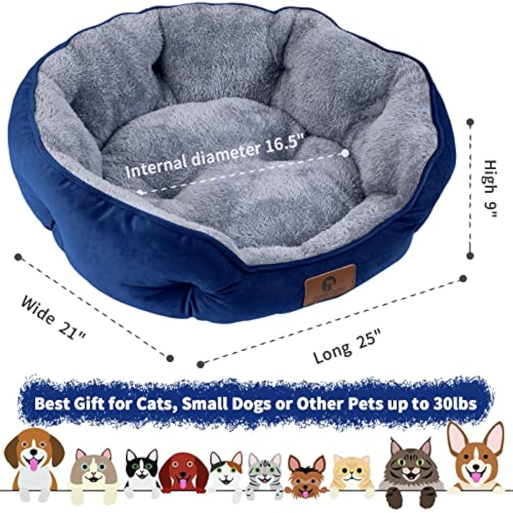 Calming Dog Bed – Round Sherpa Pet Bed, Washable, Blue, 25"