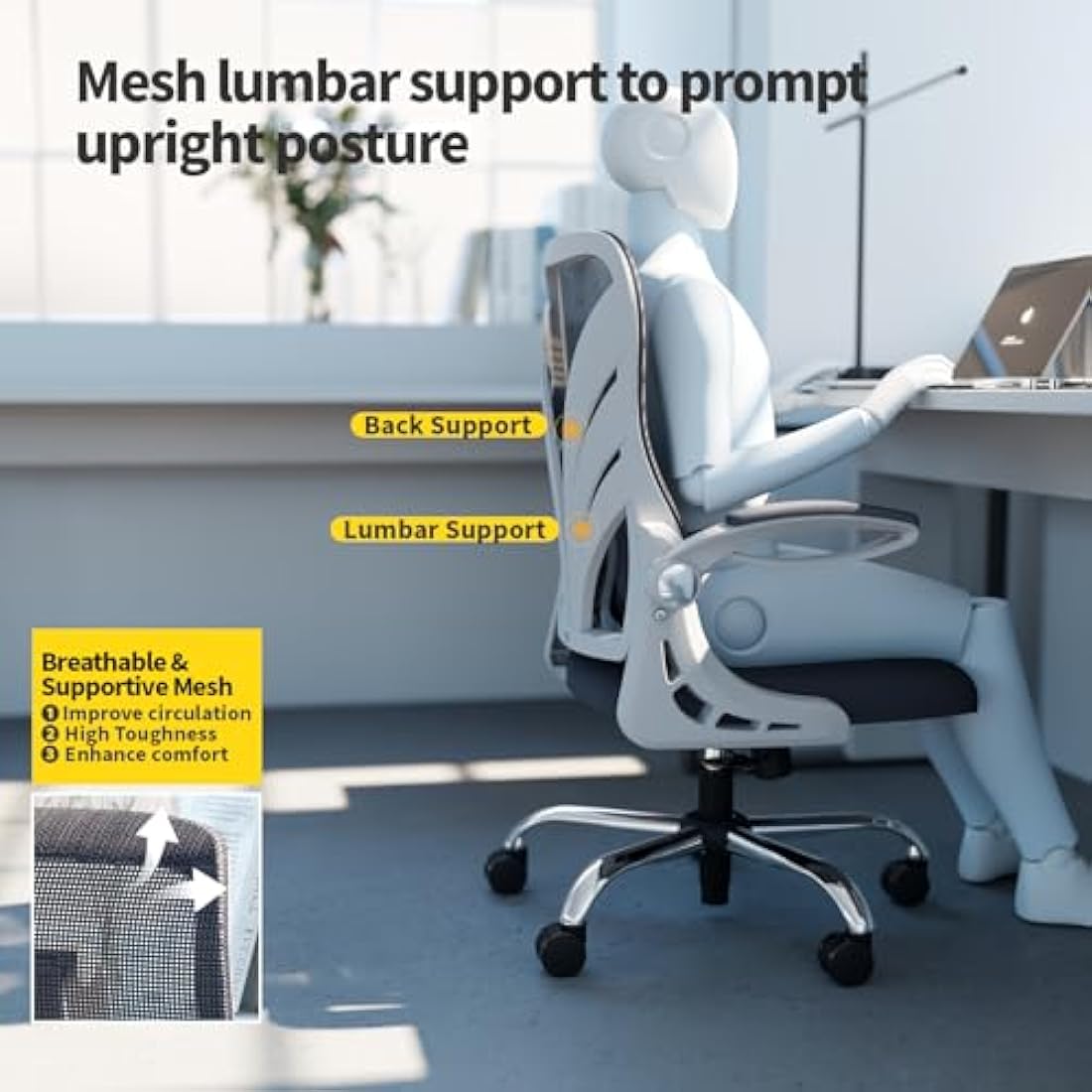 HOLLUDLE Ergonomic Mesh Office Chair – Foldable Backrest & Lumbar Support