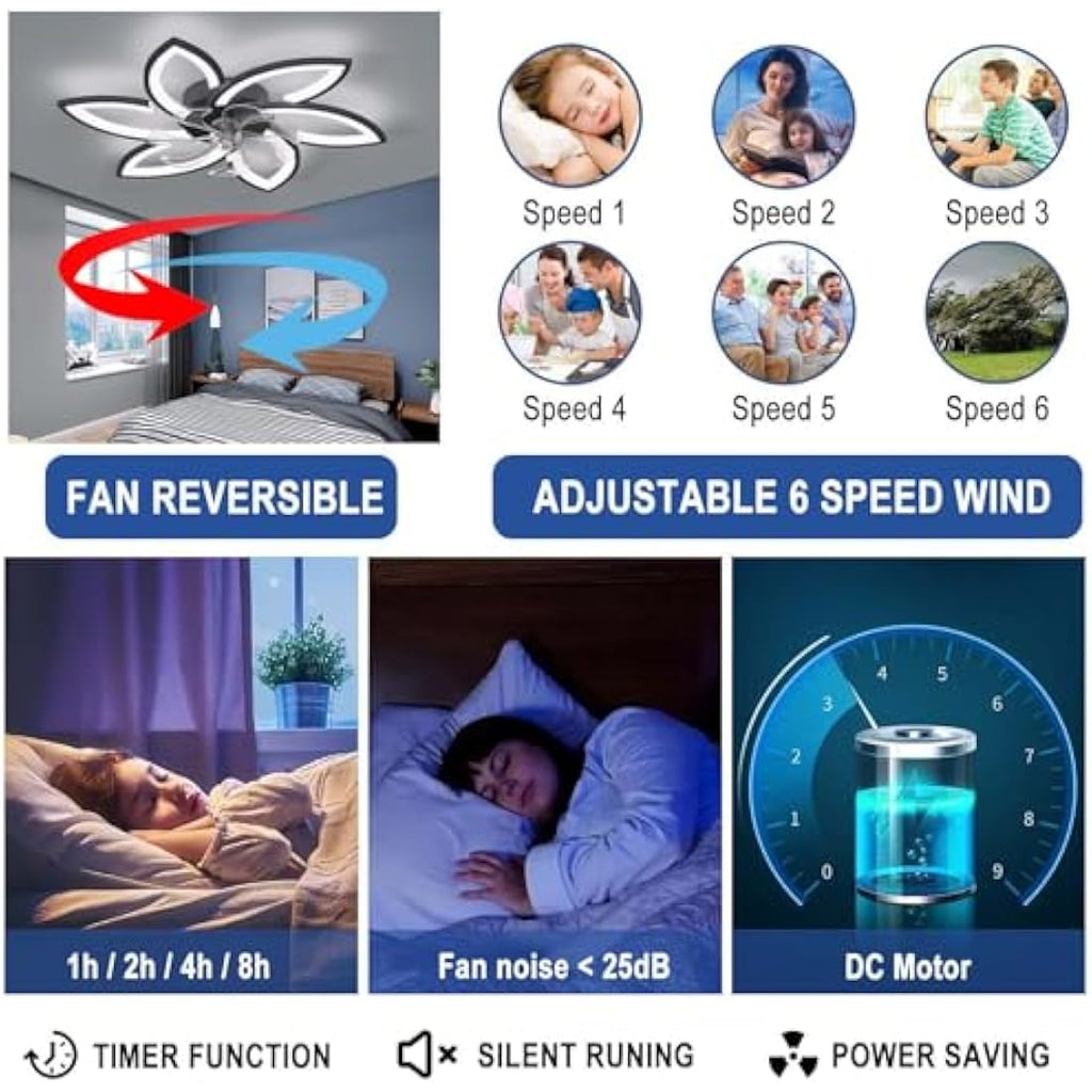 YUNZI Modern Petal Ceiling Fan with Dimmable LED Light and Remote – 78CM