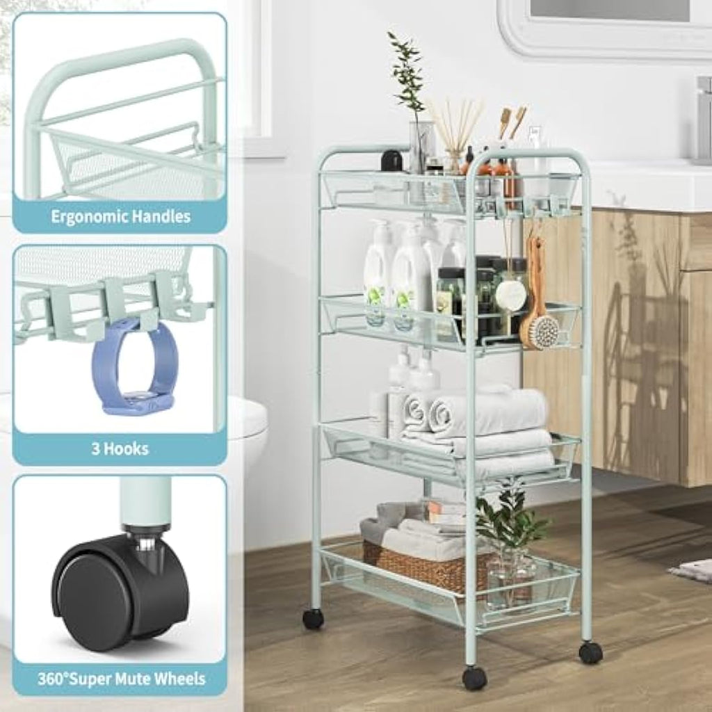 APEXCHASER 4-Tier Metal Rolling Utility Cart | Mobile Storage Trolley, Green