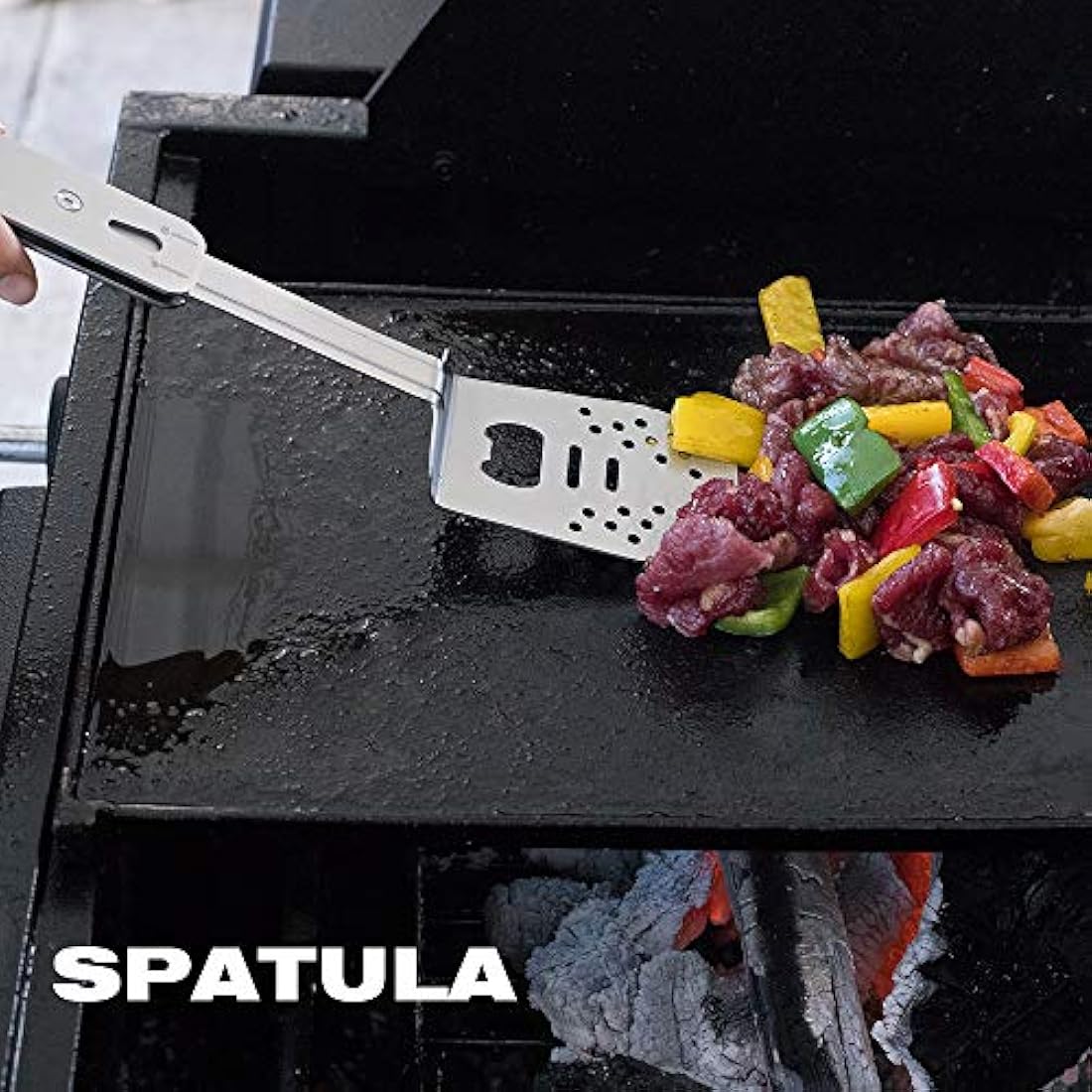 ROXON 4-in-1 BBQ Tool Set | Stainless Steel Spatula, Fork & Tongs – Grey