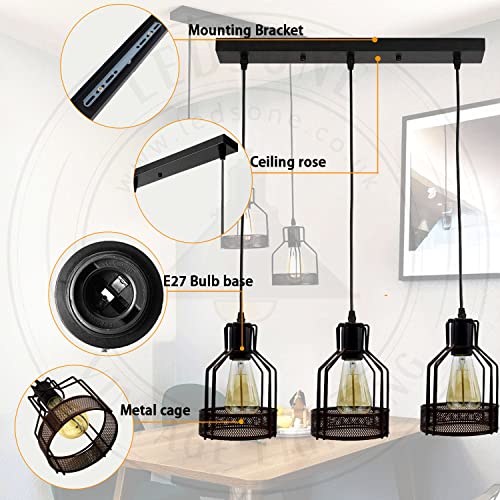 LEDSone Industrial 3-Light Bird Cage Pendant Lamp – Black Metal E27 Base