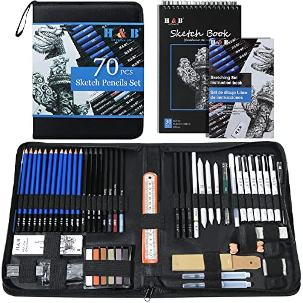 H & B 70-Piece Professional Sketching Pencil Set with Sketchbook & Case