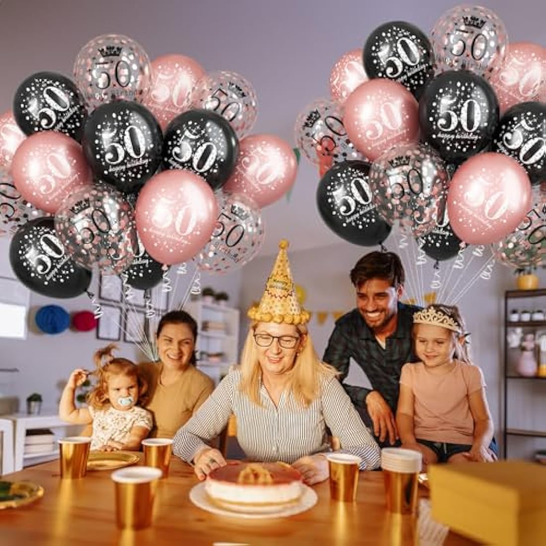 50th Birthday Balloons - 15pc Rose Gold & Black Party Decor