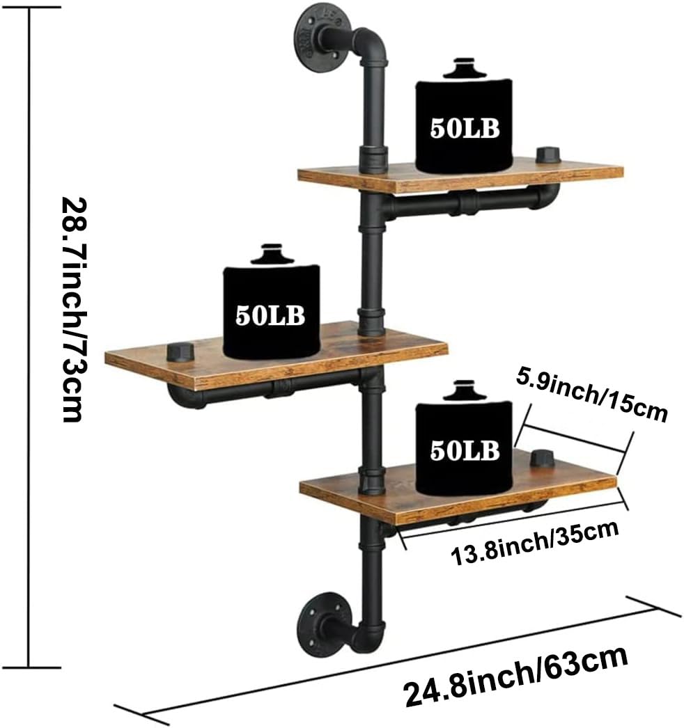SaiDuoDuo 3-Tier Industrial Pipe Wall Mount Shelves | Rustic Wood Floating
