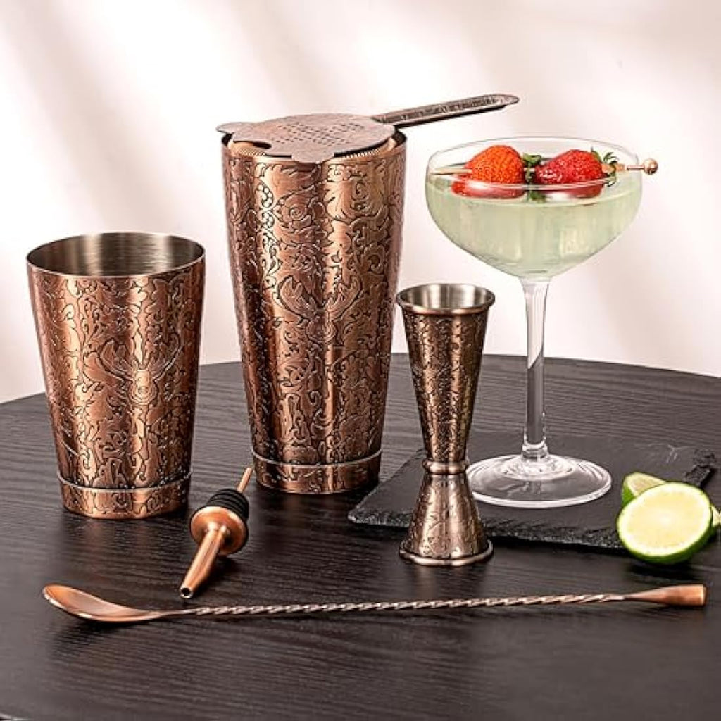 SKY FISH 18-Piece Boston Cocktail Shaker Set | 3D Embossed Antique Copper