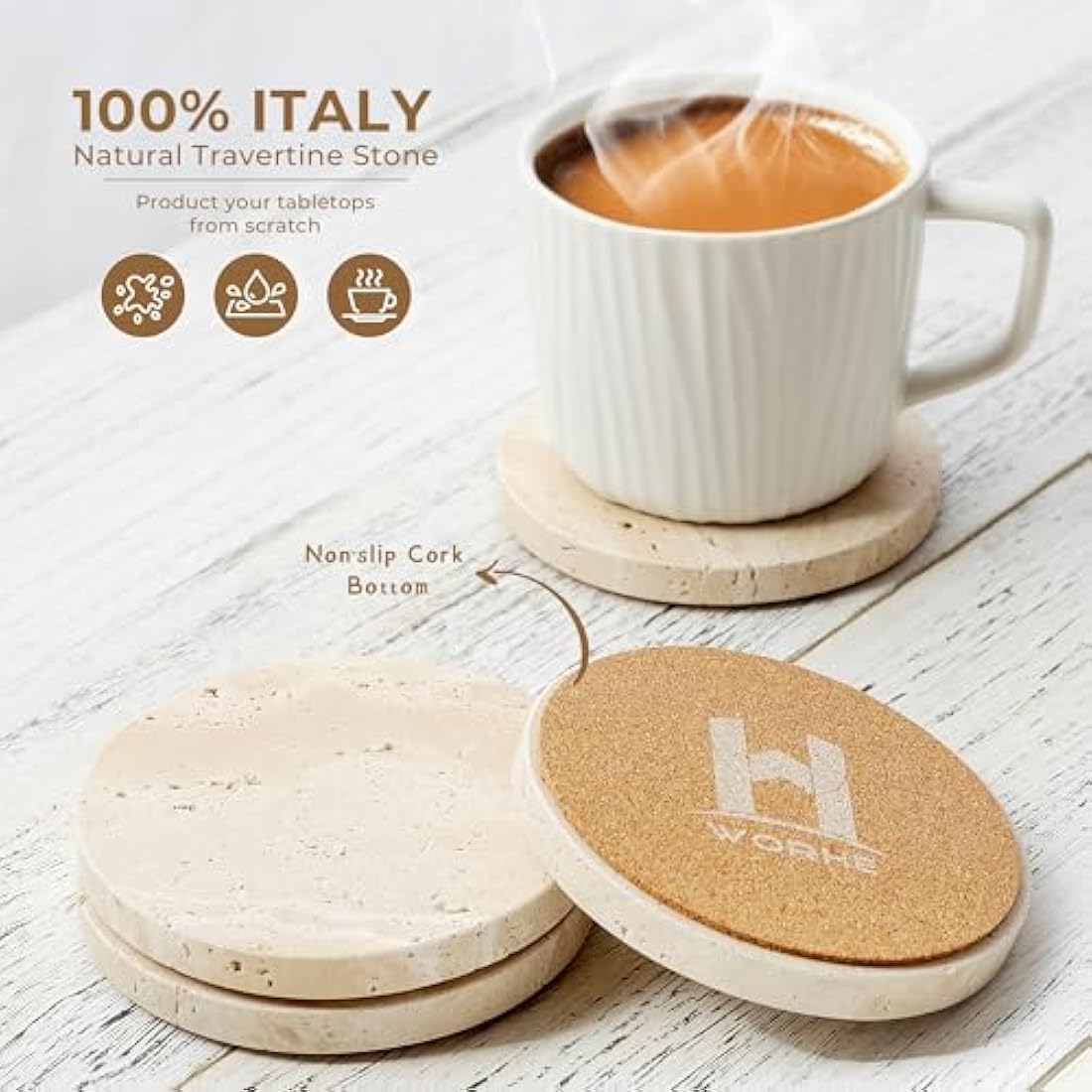 WORHE Natural Travertine Marble Coasters - Set of 4 Round Beige Stone