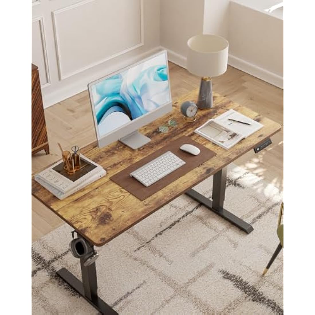FEZIBO Electric Standing Desk – 60x100cm Rustic Wood Sit Stand Table